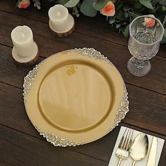 10 GOLD 10" Round Plastic Salad Dinner PLATES Embossed Baroque {3}