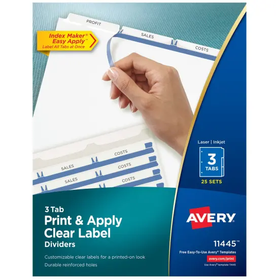 Avery 3-Tab Dividers for 3 Ring Binder, Easy Print & Apply Clear Label Strip, Index Maker Customizable White Tabs, 25 Sets (11445) {1}