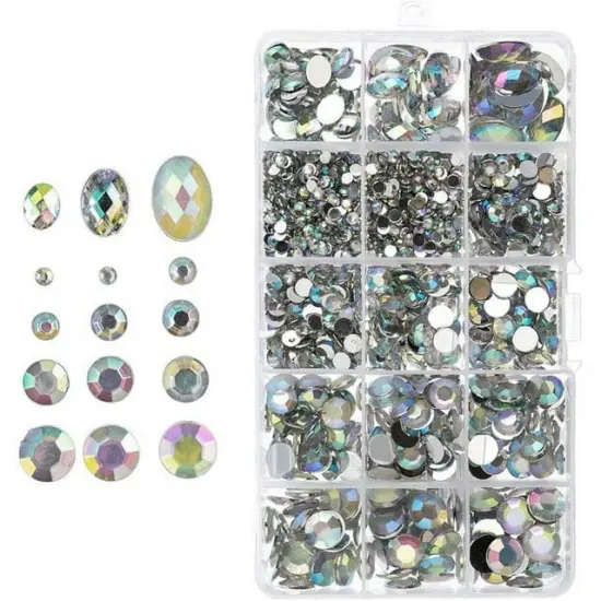 John Bead Crystal AB Assorted Round & Oval Acrylic Flat Back Rhinestones Box {1}