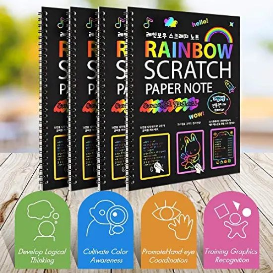 12 Pieces of Set , 4 pck Scratch Arts Drawing Notebook for Kids Drawing Pad, Large Rainbow Scratch Drawing Paper Set for Kids Art Supplies (with 4 Wooden Stylus & 4 Drawing Stencils) {6}