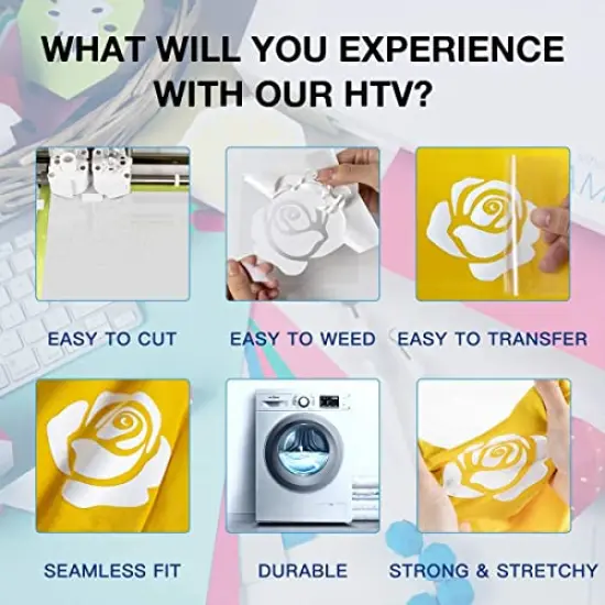 HTV Vinyl Rolls - 12" x 8ft White Heat Transfer Vinyl for Shirts, Iron-On Vinyl for Cricut & Cameo, Easy to Cut & Weed for Heat Vinyl Design (White) {4}