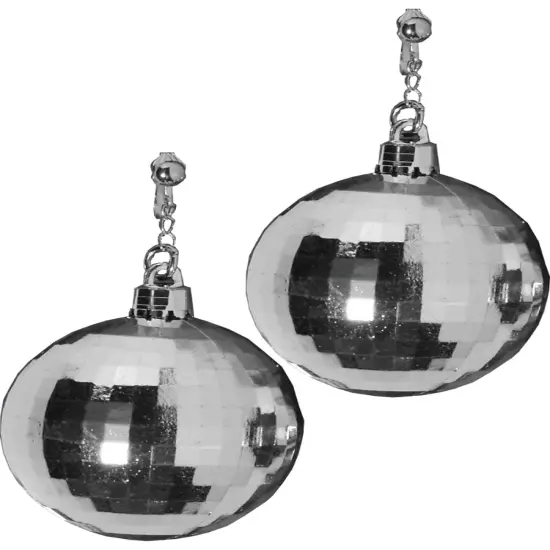 Womens 70s Disco Fever Disco Ball Silver Earrings Costume Accessory {1}