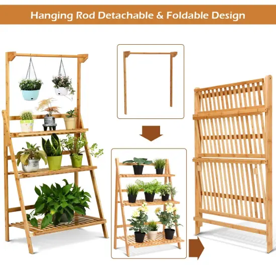 Costway 3 Tier Bamboo Hanging Folding Plant Shelf Stand Flower Pot Display Rack Bookcase {5}