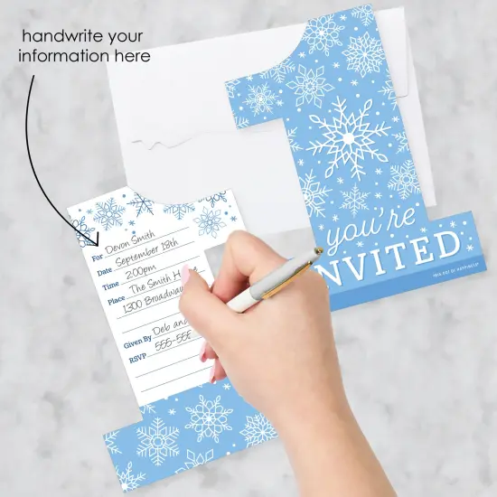 Big Dot of Happiness Blue Snowflakes 1st Birthday - Shaped Fill-In Invitations - Boy Winter ONEderland Party Invitation Cards with Envelopes Set of 12 {3}