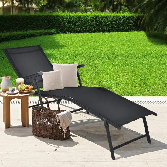Patio Foldable Chaise Lounge Chair with Backrest and Footrest Black {6}