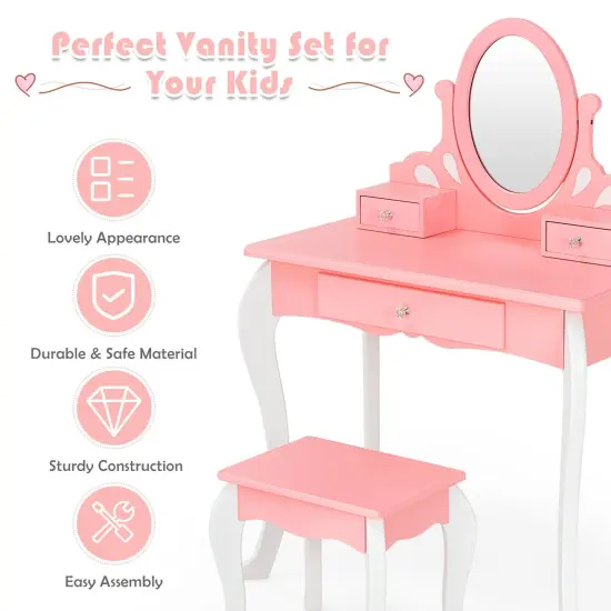 Kids Vanity Princess Makeup Dressing Table Stool Set with Mirror and Drawer Pink {5}