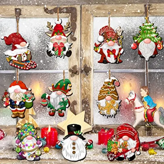 24 Pieces Christmas Gnome Wooden Ornaments Wood Hanging Decorations for Christmas Tree Santa Clause Elf Hanging Wood Crafts Holiday Decor Xmas Party Supplies (Xmas-Gnomes-B) {1}