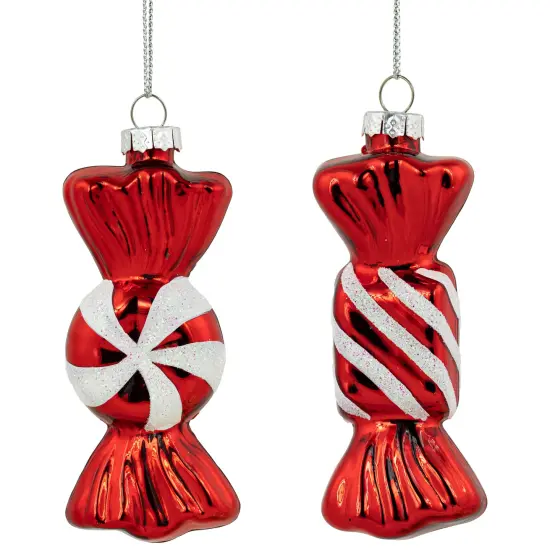 Northlight Set of 2 Shiny Red and White Glittered Candy Christmas Glass Ornaments 4" {1}
