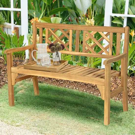 Patio Foldable Bench with Curved Backrest and Armrest {2}
