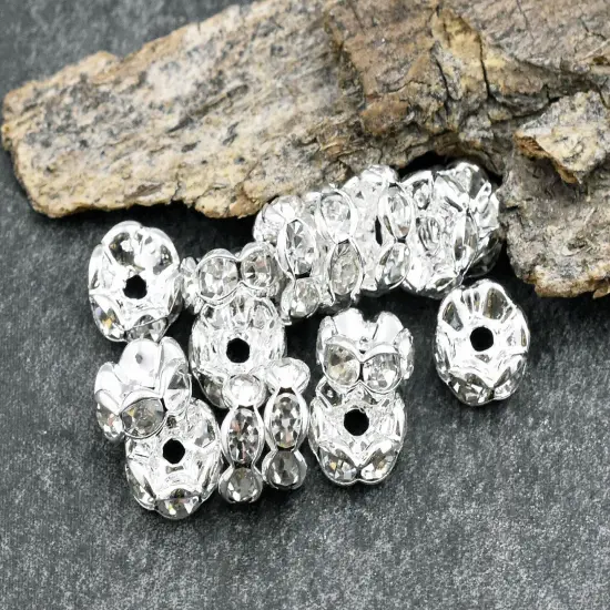Silver w/ Crystal Rhinestone Wavy Edge Rondelle Spacer Beads {3}