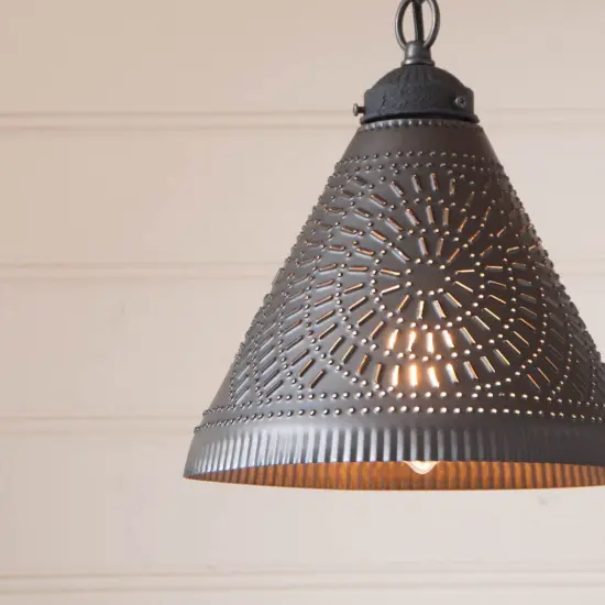 Wellington Shade Light Pendant in Kettle Black Perforated Tin {4}