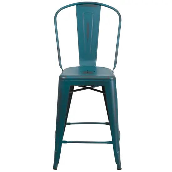Emma and Oliver Commercial Grade 4 Pack 24" High Distressed Metal Indoor-Outdoor Counter Height Stool with Back Kelly Blue-Teal {3}