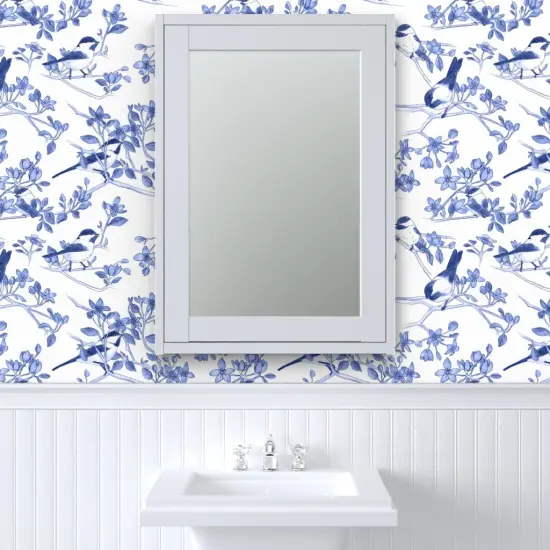 Pre-Pasted Wallpaper 2FT Wide Bird Flowers Botanical Blossom Cobalt Chinoiserie Custom Pre-pasted Wallpaper by Spoonflower {6}