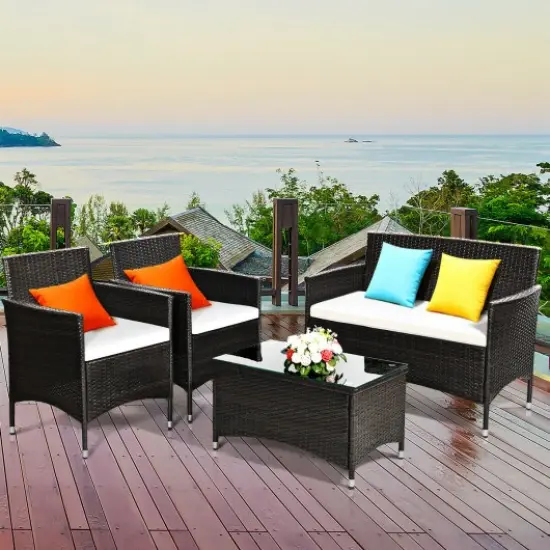 4 pcs Patio Garden Rattan Furniture Set Coffee Table Cushioned Sofa {3}