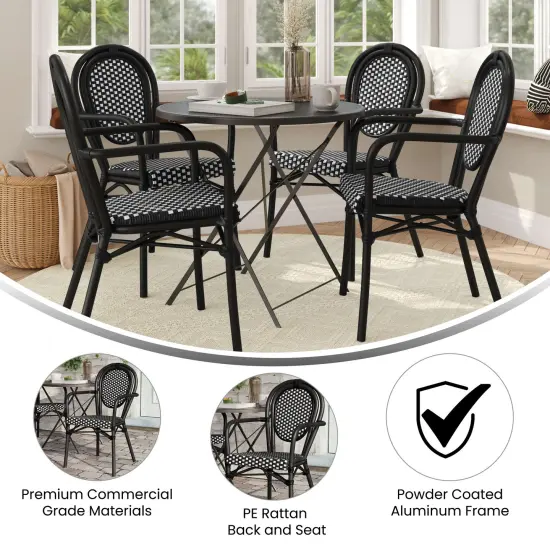 Merrick Lane Celia Set of Four Stacking Thonet Bistro Style Chair with Arms, PE Rattan Seat, and Metal Frame for Indoor/Outdoor Use White&Navy/Natural {10}