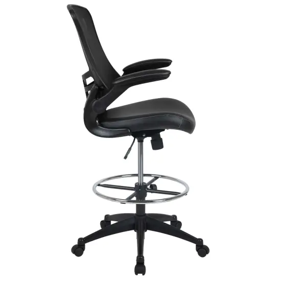 Emma and Oliver Mid-Back Mesh Ergonomic Drafting Chair with Foot Ring and Flip-Up Arms BlackMesh/BlackFrame {5}