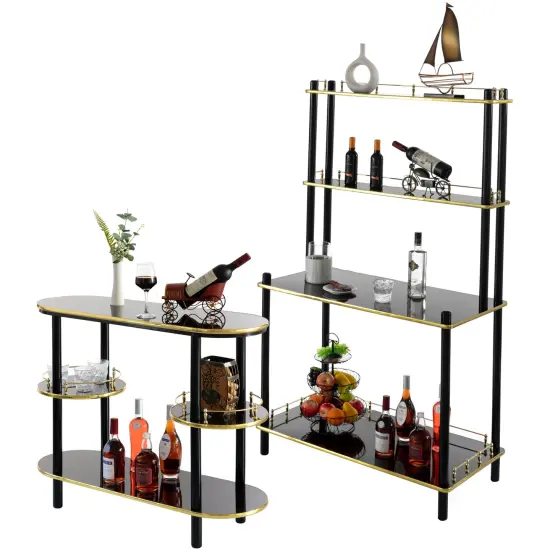 Set of 2 Pieces, Bartender Serving Display Station, Bar Console Working Counter with Open Shelves, Bar Console Island with Tier Shelves for Glass and Bottles, Wood Brown {2}