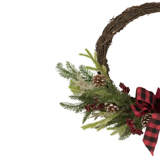 Northlight Icy Winter Foliage and Plaid Bow Artificial Christmas Twig Wreath, 23 inch, Unlit Brown {6}