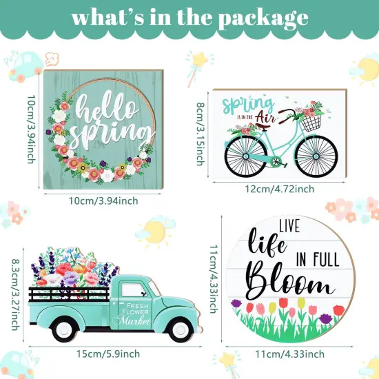 4 Pieces Easter Tiered Tray Decorations Hello Spring Decorations for Home Happy Easter Sign Bunny Farm Fresh Truck Wooden Centerpiece Table Signs for Indoor Home Kitchen Decor(Car Style) {6}