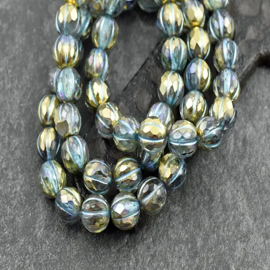 *20* 8mm Turquoise Washed Golden Crystal AB Faceted Round Melon Beads {2}