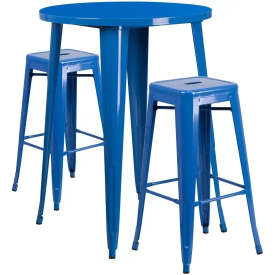 Emma and Oliver Commercial Grade 30" Round Metal Indoor-Outdoor Bar Table Set, 2 Backless Stools Blue {1}
