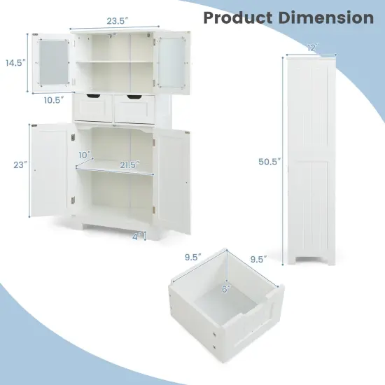 3 Tier Freer-Standing Bathroom Cabinet with 2 Drawers and Glass Doors White {4}