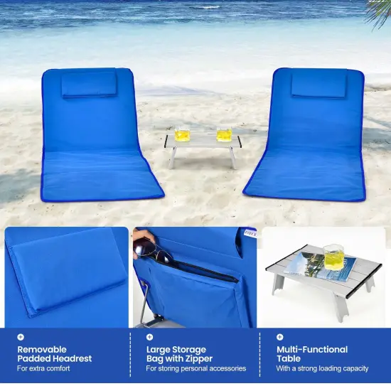 3 Pieces Beach Lounge Chair Mat Set 2 Adjustable Lounge Chairs with Table Stripe Blue {3}