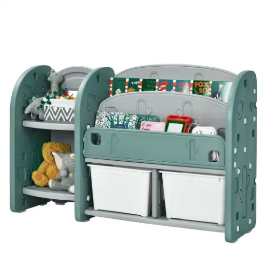 Kids Toy Storage Organizer with 2-Tier Bookshelf and Plastic Bins {3}