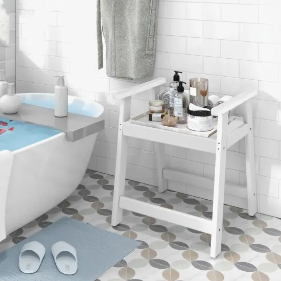 Costway Waterproof HDPE Shower Bench Bathroom Shower Chair with Armrest Heavy Duty White/Brown {9}