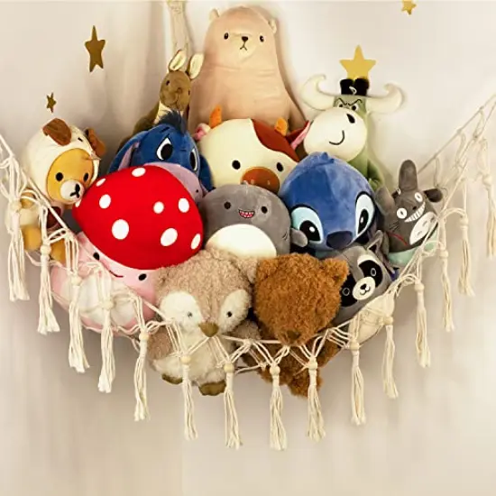 Stuffed Animal Toy Storage Hammock with LED Light-Macrame Jumbo Doll Room Corner Organizer Mesh Decoration-Hanging Storage Nets Kids Bedroom, (X-Large Size) {6}