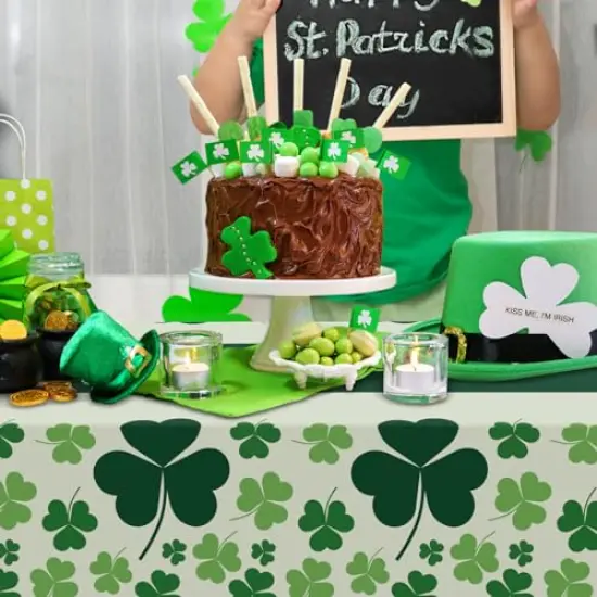 3 Pack Disposable Plastic 54" x 108" St Patricks Day Decorations, Shamrock Patterned Spring St Patricks Party Table Cloth for Dining Room Kitchen Decor {3}