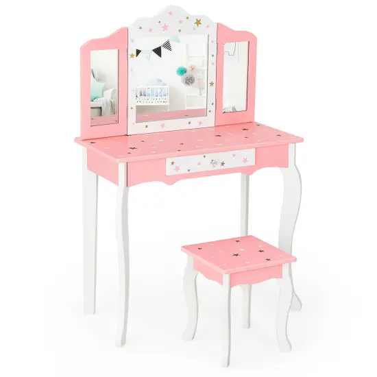 Kids Vanity Princess Makeup Dressing Table Chair Set with Tri-folding Mirror Pink {2}