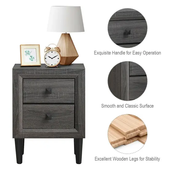 Multi-Purpose Wooden Bedside Nightstand with 2 Drawers Suitable for Any Room Grey {5}