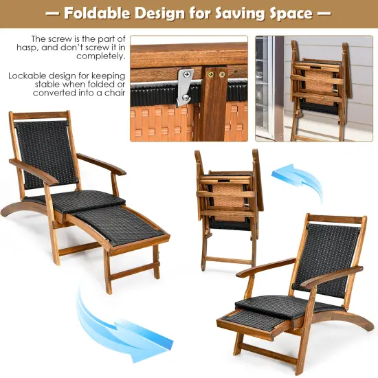CostwayPatio Folding Rattan Lounge Chair Wooden Frame W/ Retractable Footrest {5}