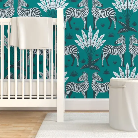 Pre-Pasted Wallpaper 2FT Wide Teal Nature Animal Zebra Africa Wildlife Savanna Large Scale Safari Feathers Damask Grassland Custom Pre-pasted Wallpaper by Spoonflower {7}