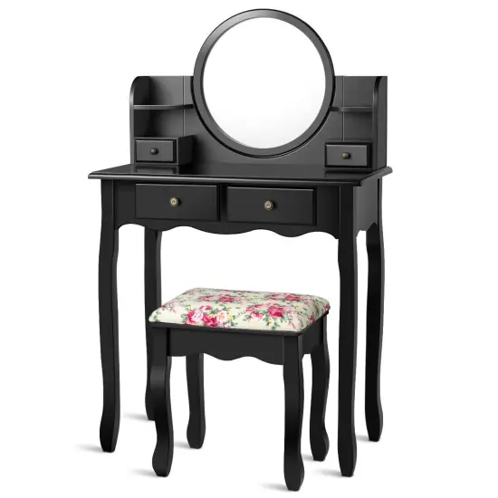 Makeup Vanity Table Set Girls Dressing Table with Drawers Oval Mirror Black {6}