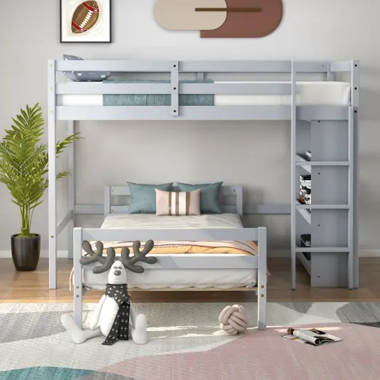 Twin Over Twin Loft Bunk Bed with Bookcase Grey {6}