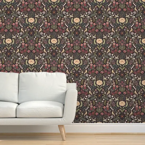 Peel & Stick Wallpaper 2FT Wide Traditional Floral Folk Art Birds Victorian Green Pinks Burgundy Extra Large Custom Removable Wallpaper by Spoonflower {5}