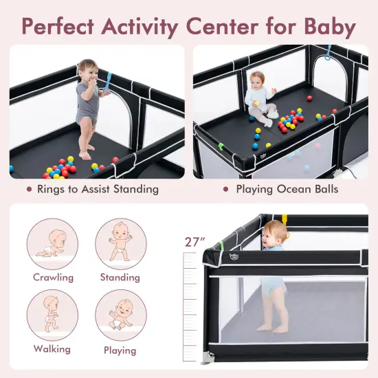 Portable Extra-Large Safety Baby Fence with Ocean Balls and Rings Black {6}