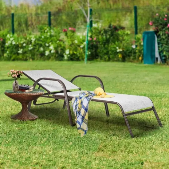 Set Of 2 Patio Adjustable Recliner Lounge Chairs Grey {3}