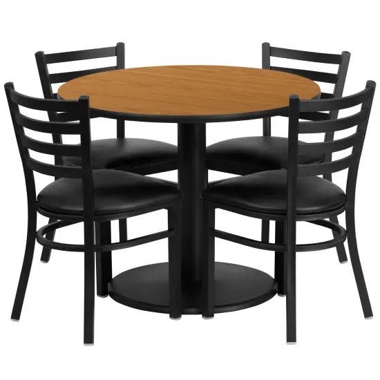 Emma and Oliver 36" Round Laminate Table Set with 4 Ladder Back Metal Chairs NaturalTop/BlackVYL {1}
