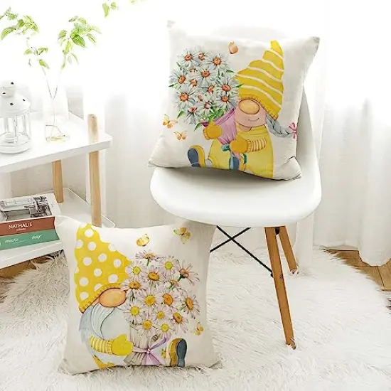 Outdoor Yellow Throw Pillow Covers 18x18 Set of 4 Spring Summer Decorative Cushion Cases Home Décor Decorations for Patio Couch Chair Sofa,Daisy Floral Gnomes {4}