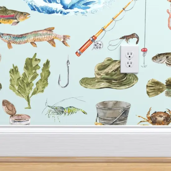 Pre-Pasted Wallpaper 2FT Wide Watercolor Adventure Fish Boat Nautical Light Blue Custom Pre-pasted Wallpaper by Spoonflower {4}