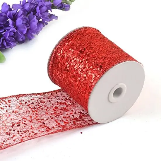 eZthings Decorative Designer Sparkly Sheer Fabric Ribbons for Party Decor and Gift Baskets (10 Yard, Gold(3.5" Width)) Red(3.5" Width) {1}