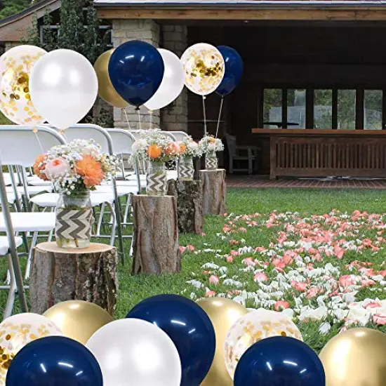 50 pcs 12 Inch Navy Blue and Gold Confetti Balloons - Pearl White and Gold Metallic Chrome Balloons for Birthday, Celebration, and Graduation Party {3}