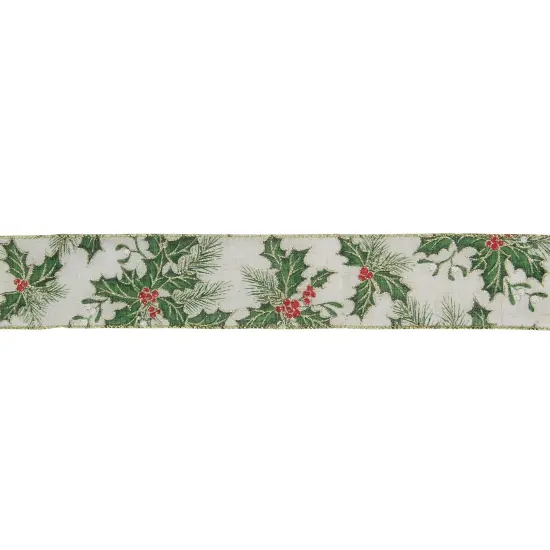 Northlight Ivory and Green Holly Leaves Christmas Wired Craft Ribbon 2.5" x 16 Yards {1}