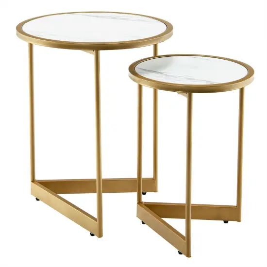 Round Nesting Table Set Of 2 With Marble-like Tabletop-White {3}