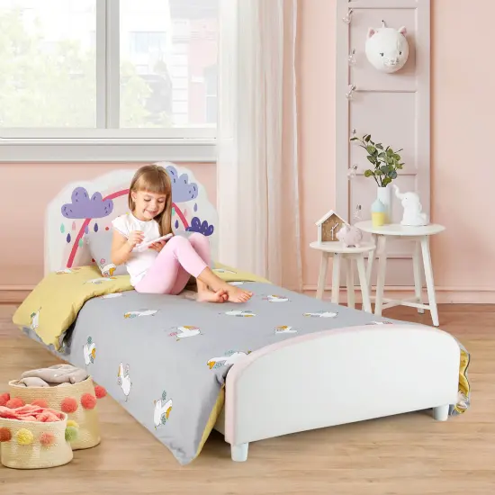 Kids Twin Size Upholstered Platform Wooden Bed with Rainbow Pattern {6}