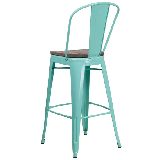 Merrick Lane Sarah 30" Metal Indoor-Outdoor Counter Stool with Vertical Slat Back, Integrated Footrest and Wood Seat Crystal Teal-Blue {7}