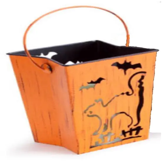 Melrose Cat and Bats Halloween Candle Lantern Luminary - 7.25" - Orange {3}